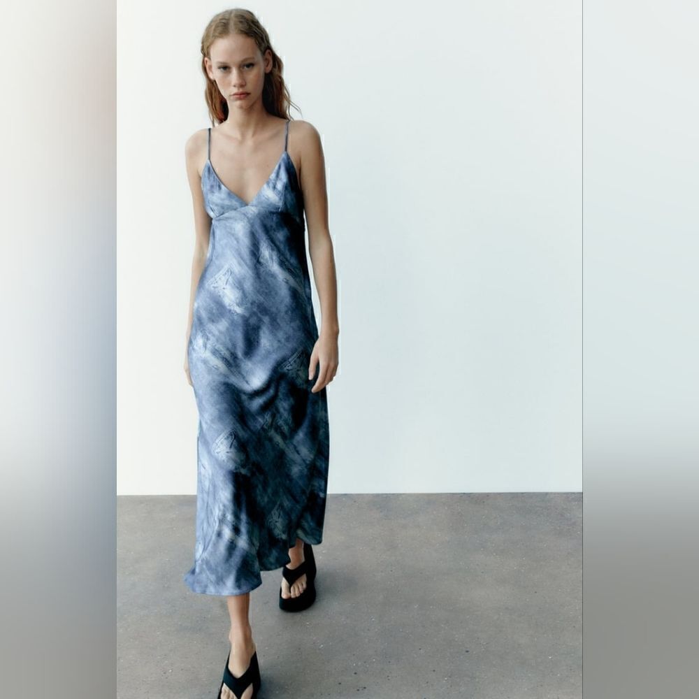 Zara PRINTED DENIM SATIN EFFECT SLIP DRESS - Picture 9 of 11